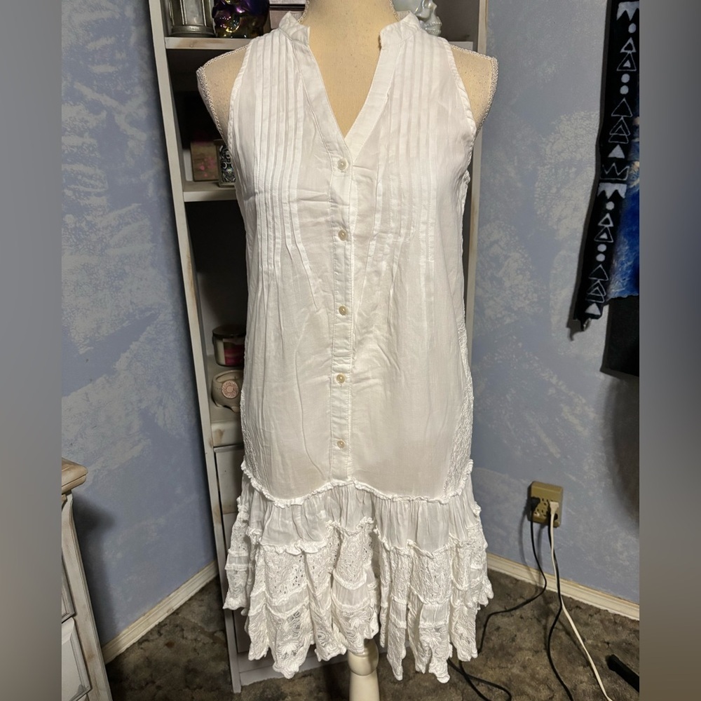 White Sleeveless Lace Dress button down boho flowy small - Picture 5 of 15